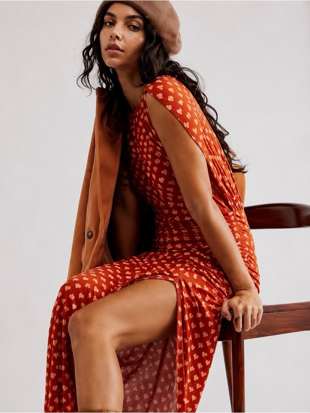 Free People Lakeside Heart Print Ruched Midi Maxi Dress Small
